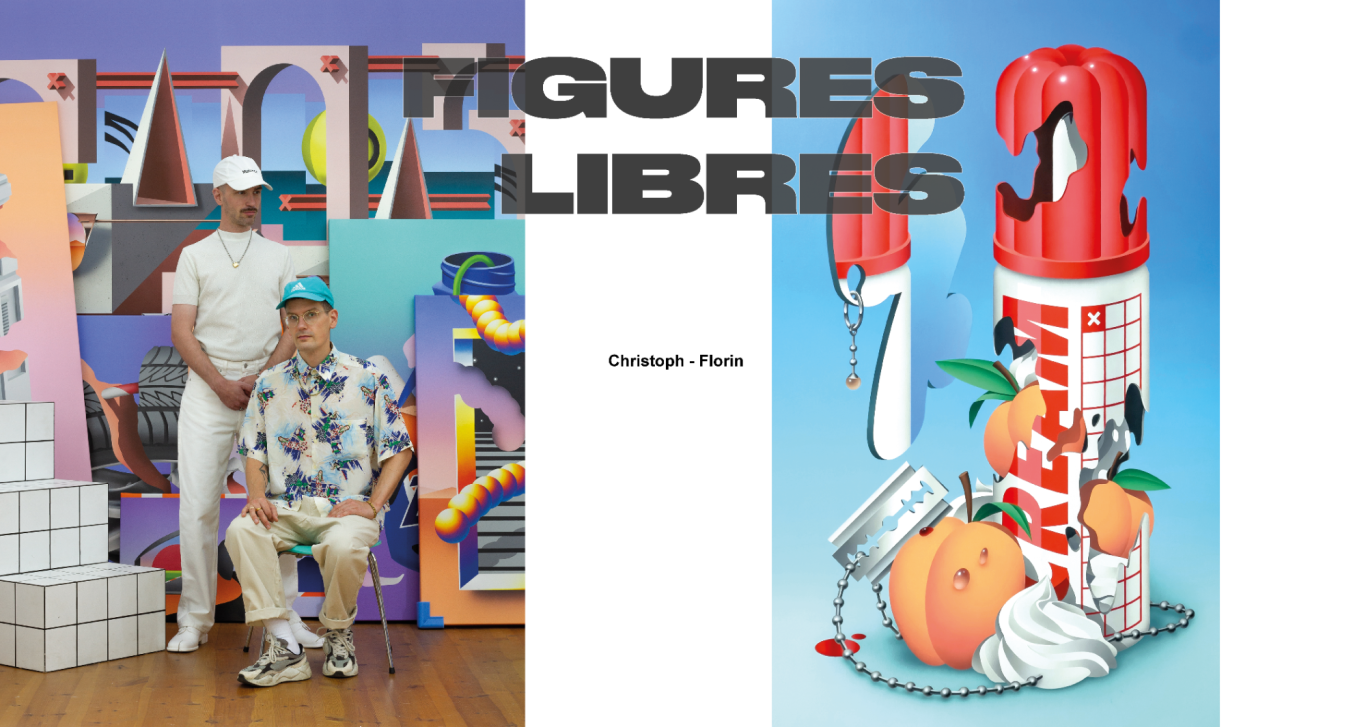 Figures Libres — Flyer exposition collective Flyer de l’exposition collective Figures Libres chez H.D Galerie, avec Christoph & Florin, Riz Riz Rizz, Robin Obitz, Silvio Mildo et Xavier